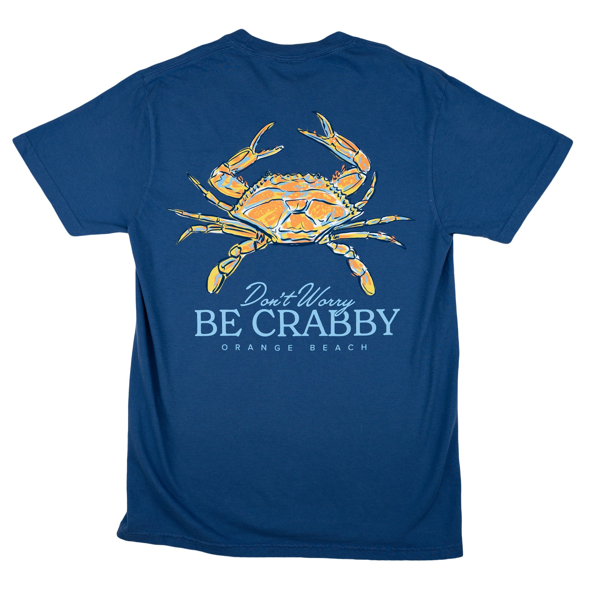 T-shirt with crab graphic and text reading "Don't worry be crabby - Orange Beach"
