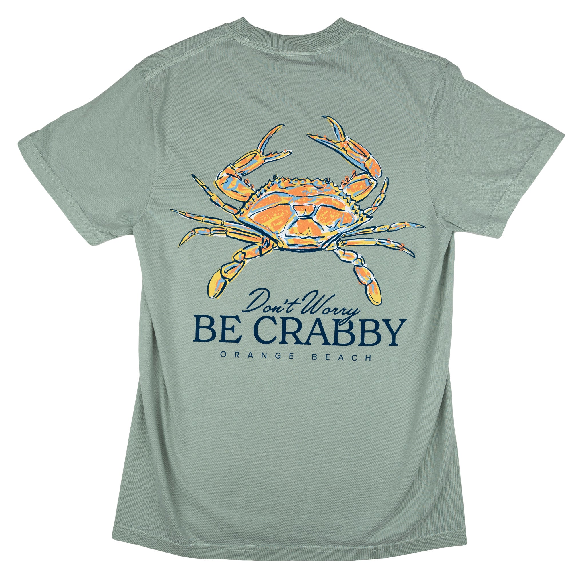 T-shirt with crab graphic and text reading "Don't worry be crabby - Orange Beach"