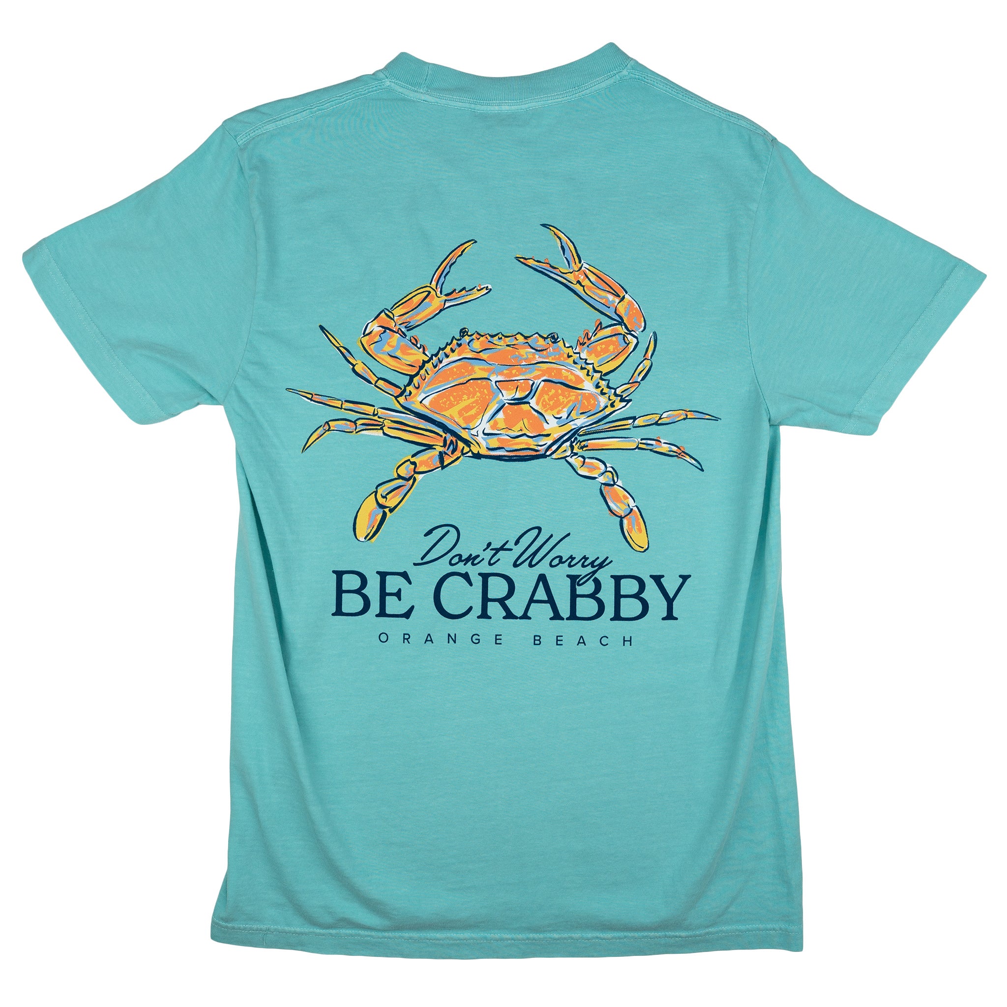 T-shirt with crab graphic and text reading "Don't worry be crabby - Orange Beach"