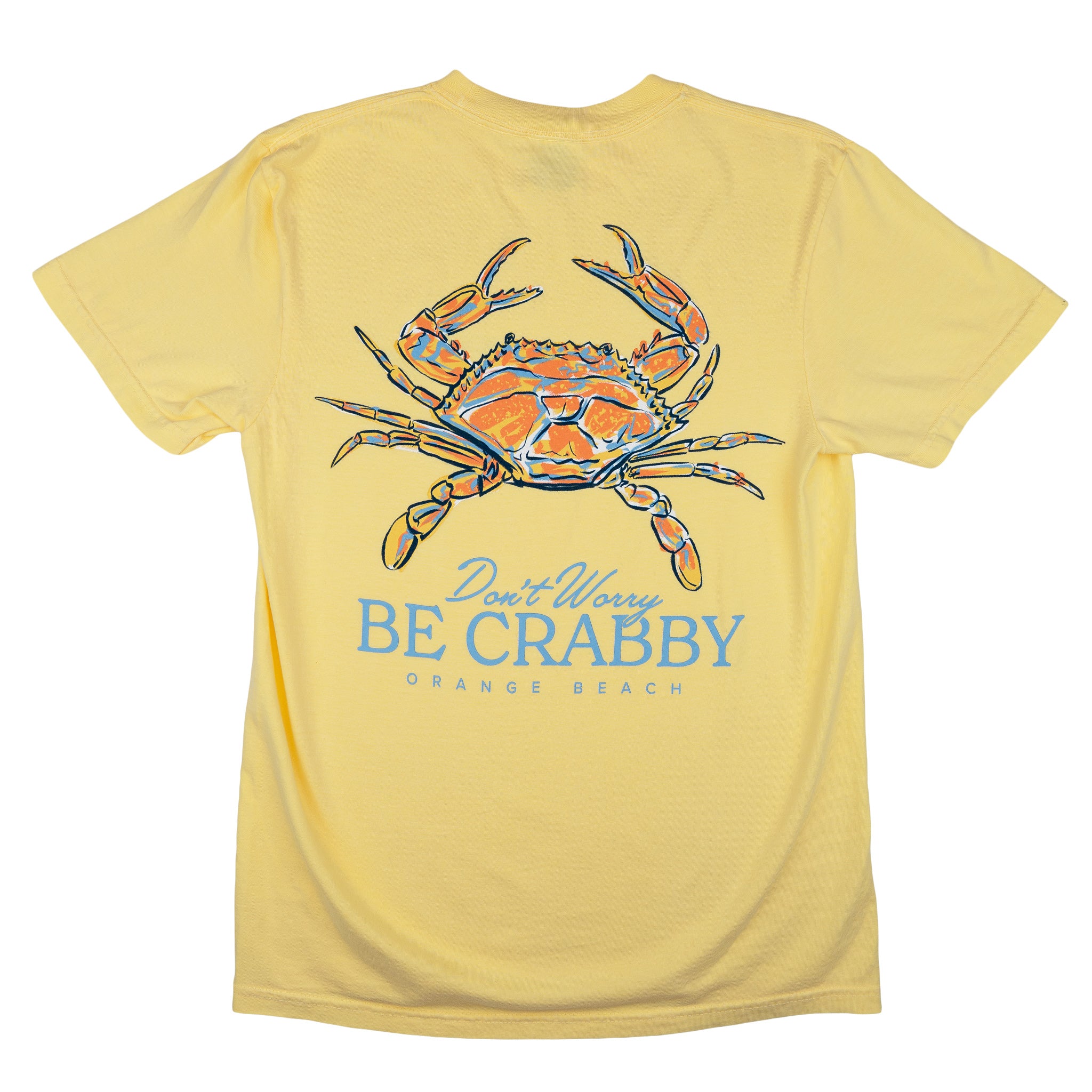 T-shirt with crab graphic and text reading "Don't worry be crabby - Orange Beach"